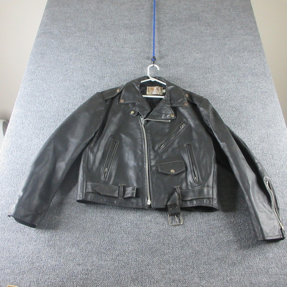 Vintage Excelled Jacket Mens 46 Black Leather Motorcycle Belted USA Biker 60s